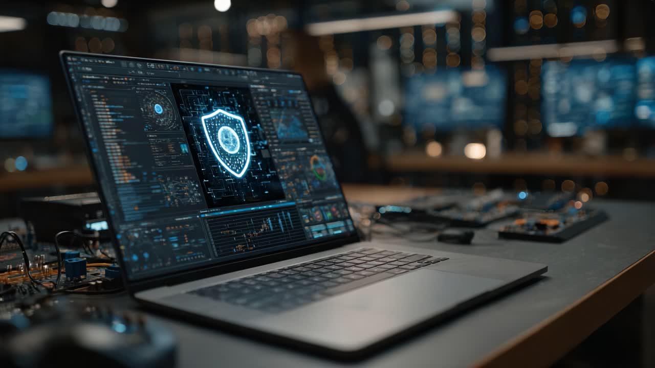 High-Tech Security Interface on Laptop Displayed in Modern Workspace Enhanced with Digital Elements and Data Analysis Tools in Background