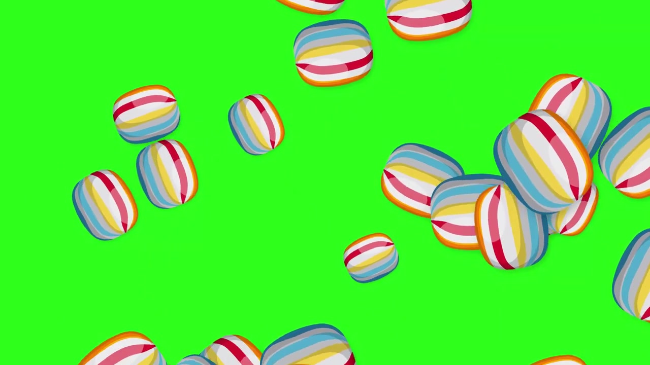 Vibrant striped sweets tumble and bounce across a bright green screen in this 3D animation.