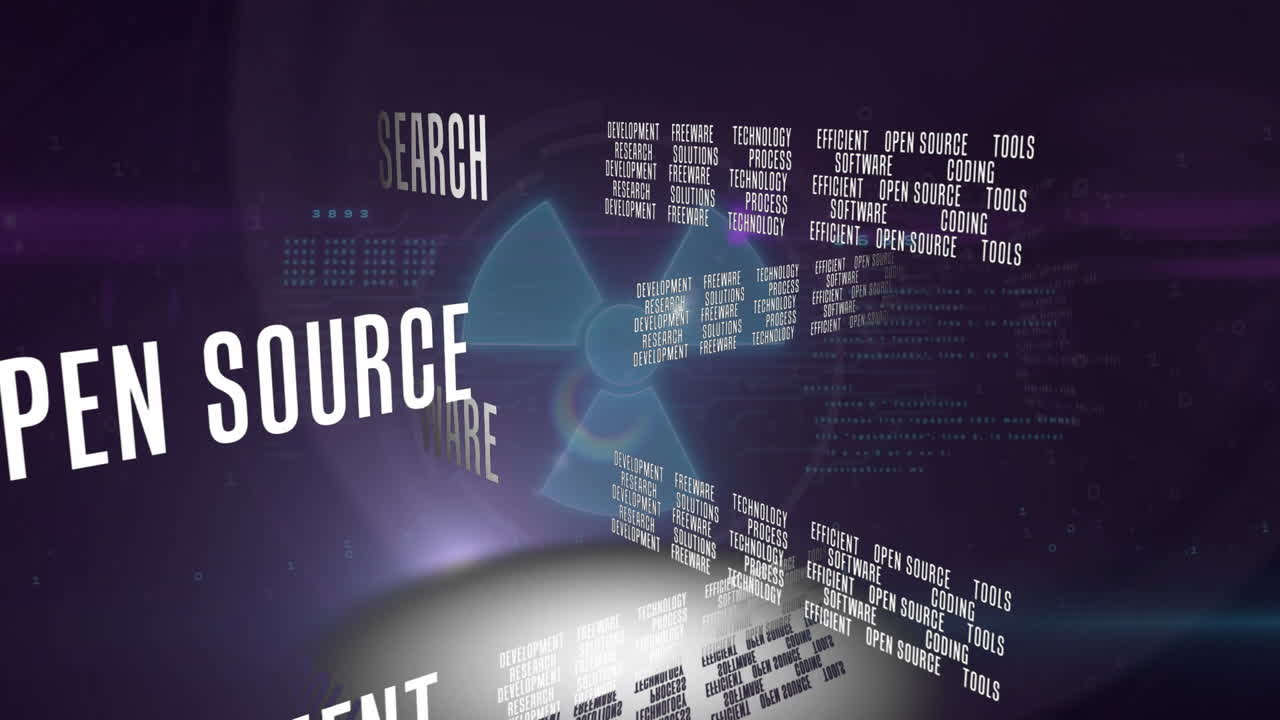 Digital technology background with open source software text animation in motion