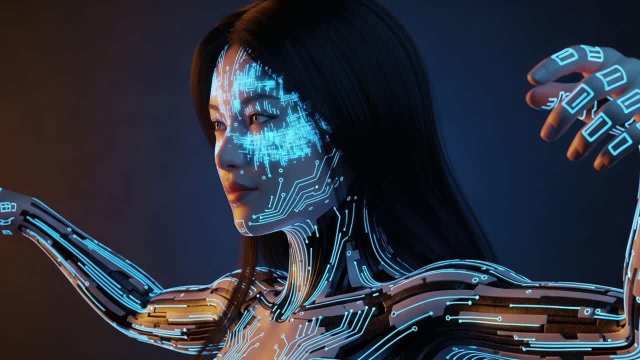 A futuristic depiction of a humanoid robotic figure, featuring intricate circuit patterns and glowing elements, showcasing advanced technology and artificial intelligence