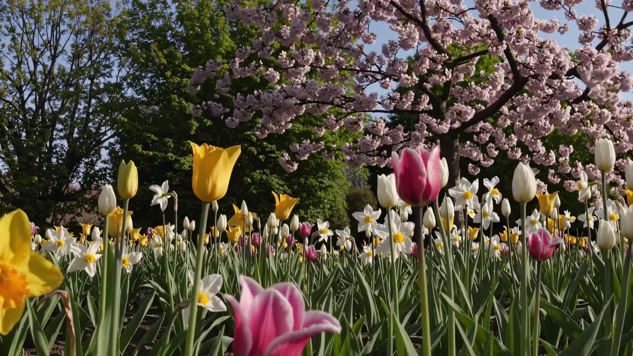 Springtime Flower Garden with Cherry Blossoms