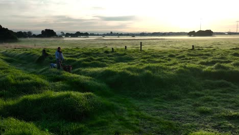 Woman-walking-dogs-on-a-cold-morning-wearing-a-jacket-walking-through-long-grass