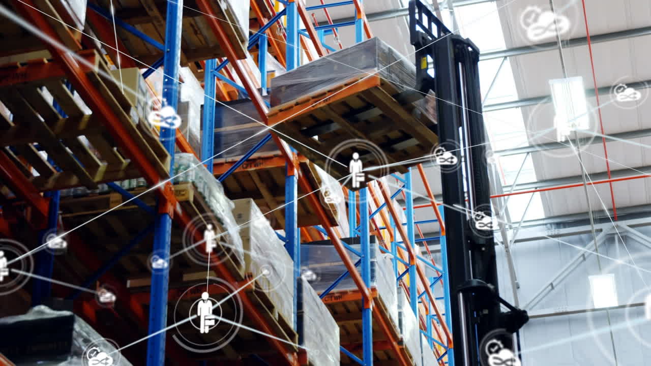 창고 위의 아이콘과 연결 네트워크의 애니메이션