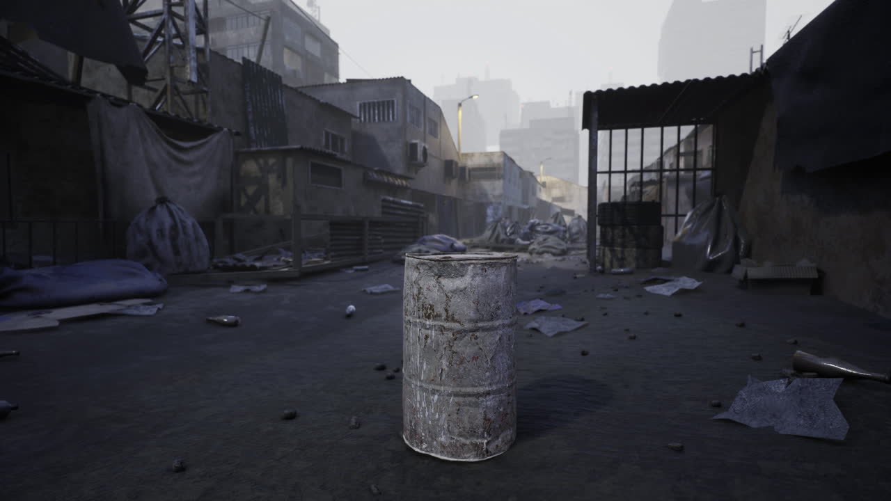 Urban decay in a desolate street filled with debris during daylight