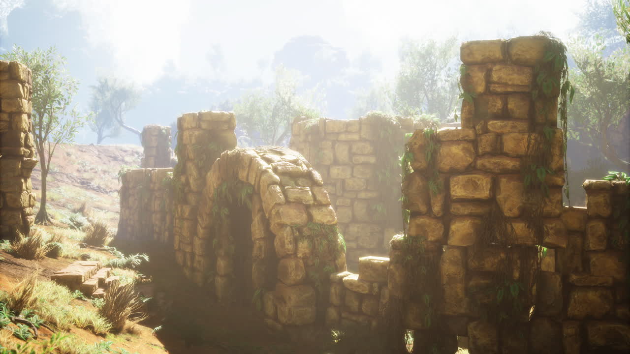 Ruins with sunlit greenery in a tranquil outdoor setting during morning hours
