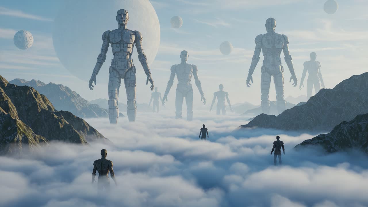 A surreal landscape featuring towering robotic figures amidst an ethereal sea of clouds, surrounded by celestial bodies and majestic mountains, creating an otherworldly scene