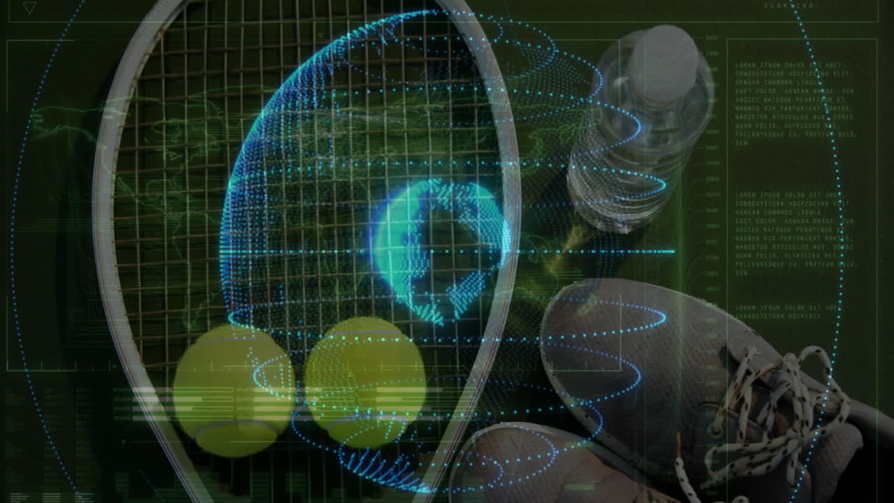 Tennis gear being visualized in futuristic 3D render, showing racket, balls, shoes, HUD icons