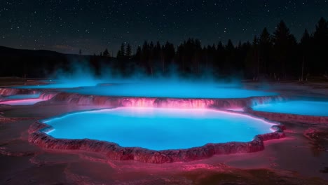 captivating nightscape of vibrant thermal pools illuminated in pink and blue glow under a starlit sky, creating an enchanting landscape experience