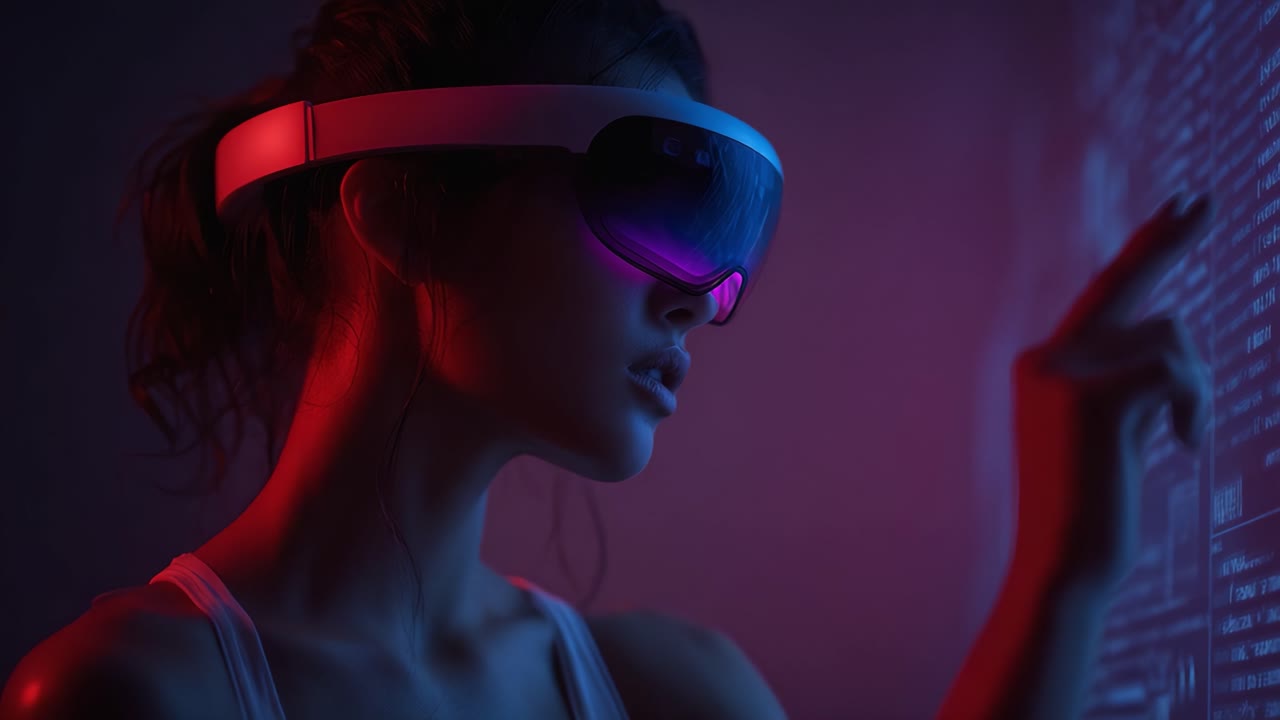 Esplorazione immersiva: una giovane donna interagisce con interfacce digitali interattive tramite miglioramenti futuristici della realtà virtuale ed effetti di luce dinamici.