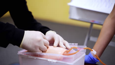practitioner studies training needle for catheter inserting. first aid courses for nurses. methods of giving medical help inhospital.
