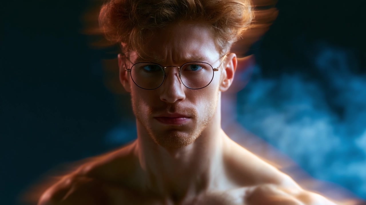 Ein filmisches Porträt eines männlichen Protagonisten, der Selbstvertrauen und Stärke vor einem rauchigen Hintergrund ausstrahlt und Intensität und Fokus in fesselndem Detail zeigt