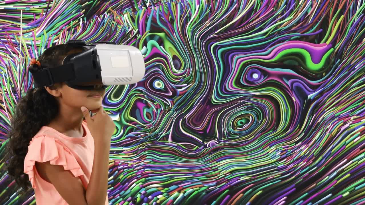 Animation of biracial girl using vr headset over neon lines