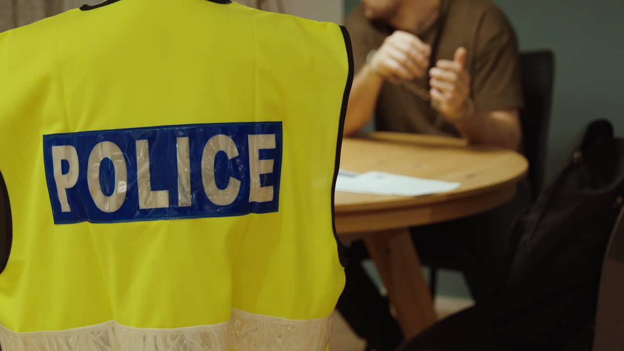 View from behind a police officer wearing a vest during an interrogation of a handcuffed man at a table, illustrating law enforcement procedures, criminal investigation and justice system concepts