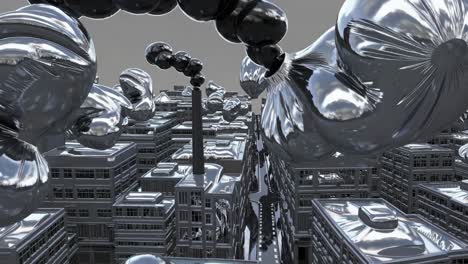 surreal industrial cityscape with metallic buildings and pollution