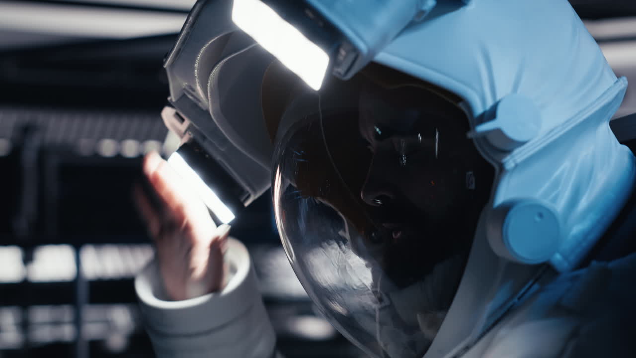 Astronaut pressing wrist display to send SOS signal after onboard incident