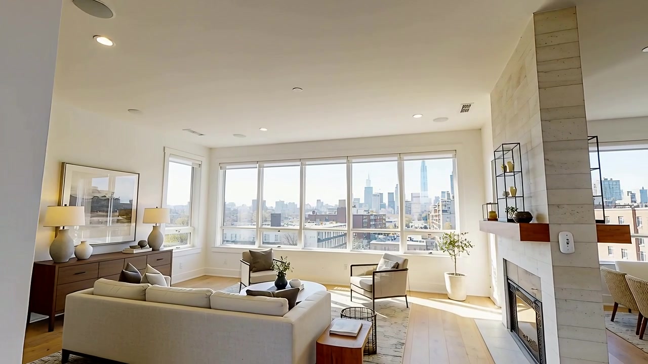 Telecamera che si muove dalla porta d'ingresso aperta, rivelando il soggiorno di un appartamento con divano e finestre panoramiche sullo skyline.