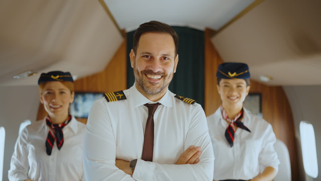 Pilota e assistenti di volo sull'aereo