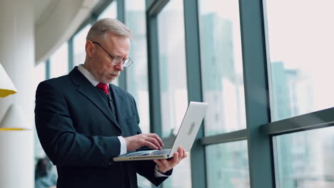 senior businessman in cafe. portrait of businessman using laptop in cafe