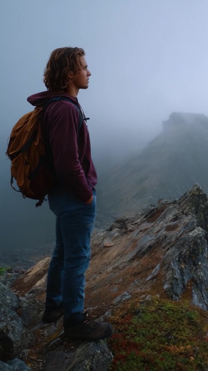 A contemplative figure stands on a rocky ledge, surrounded by a dense fog, gazing at the rugged landscape, embodying a moment of solitude and reflection in nature.