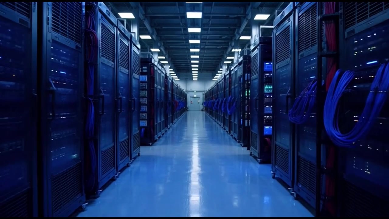 Rader med serverrack i et moderne datasenter