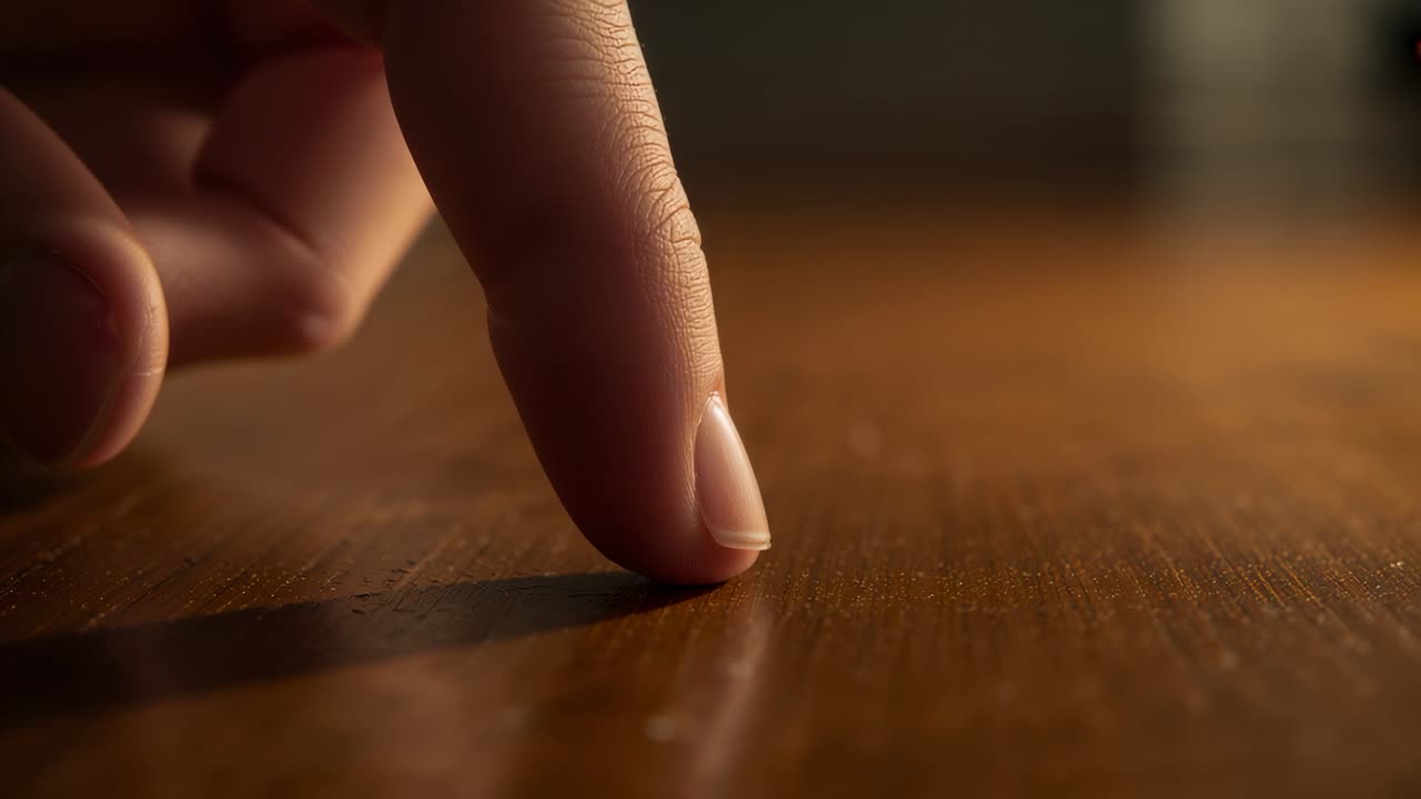 Hovering right index fingertip pressing and sliding along wooden tabletop in warm light, copy space