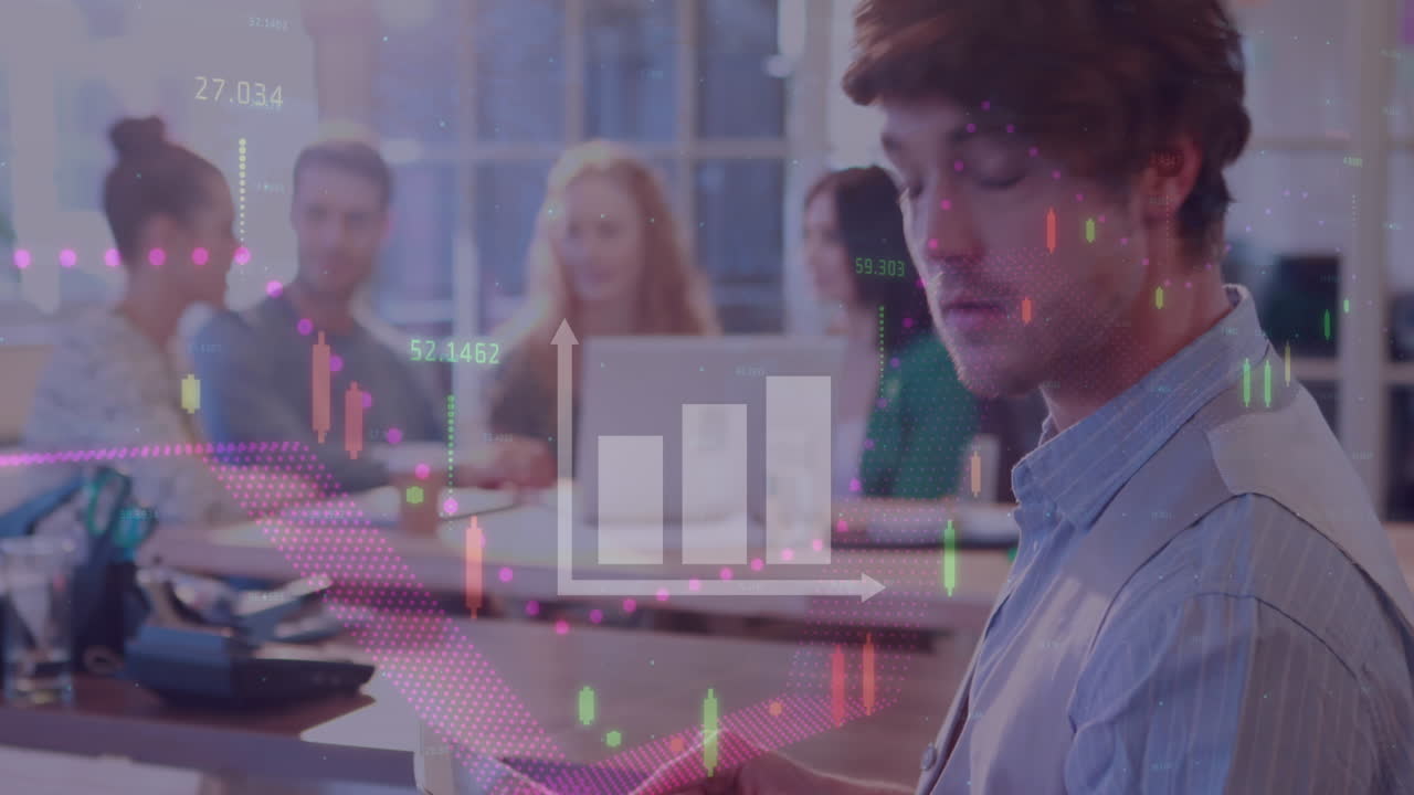 анимация статистики и обработки данных над бизнесменом на встрече