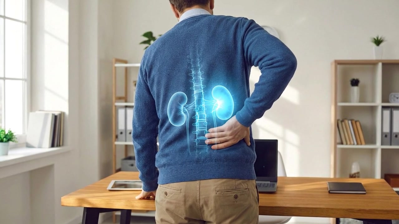 Man pressing painful lower back with glowing kidneys overlay inside home interior
