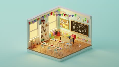 3d render loop of modern school classroom for children. isometric view