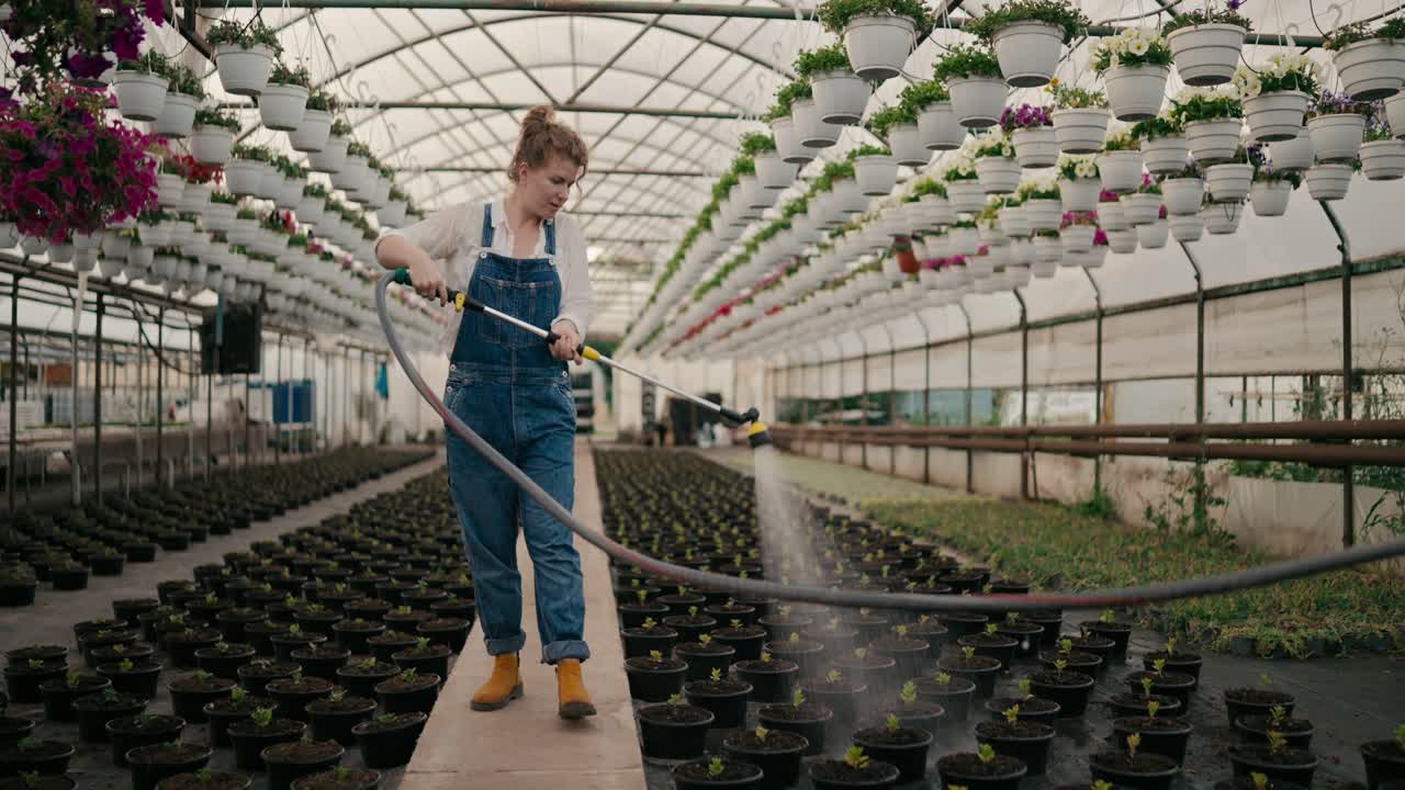 feliz mujer agricultora con cabello rizado rojo regando brotes de plantas jóvenes usando un pozo de riego moderno en un invernadero
