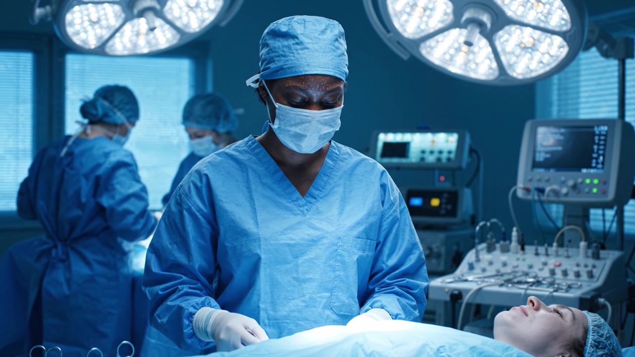 Chirurgo concentrato in sala operatoria che esegue un intervento chirurgico con il team medico presente, circondato da attrezzature avanzate e luci chirurgiche per l'assistenza al paziente.