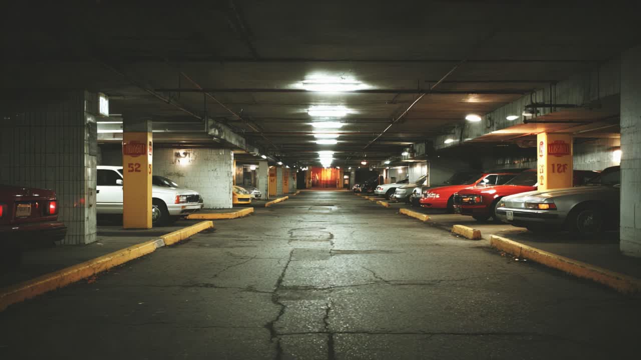 A Dramatic Contrast Between Two Frames in a Dimly Lit Parking Garage Showcasing Diverse Vehicles and the Eerie Ambiance of Urban Storage Spaces