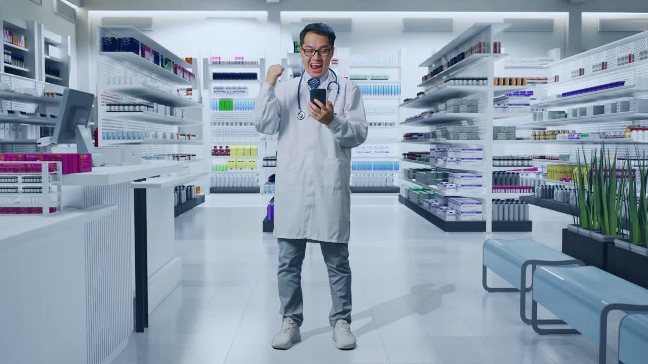 약국에서 스마트폰을 사용하는 행복한 약사