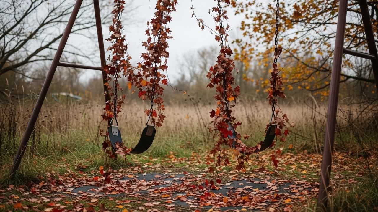 An Abandoned Swing Set Adorned with Colorful Autumn Leaves in a Quiet Field, Capturing the Essence of Nature's Transition and Serenity