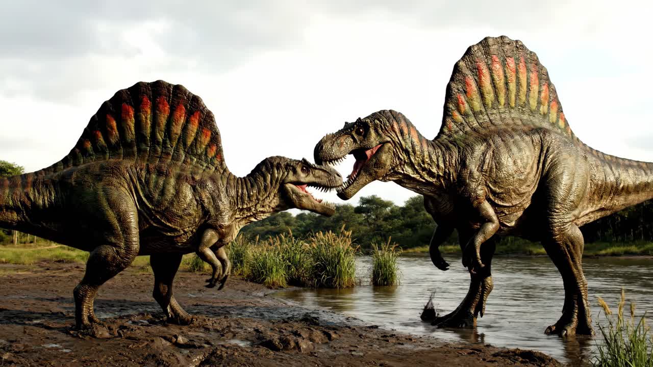 Two Spinosaurus Face Off by the River