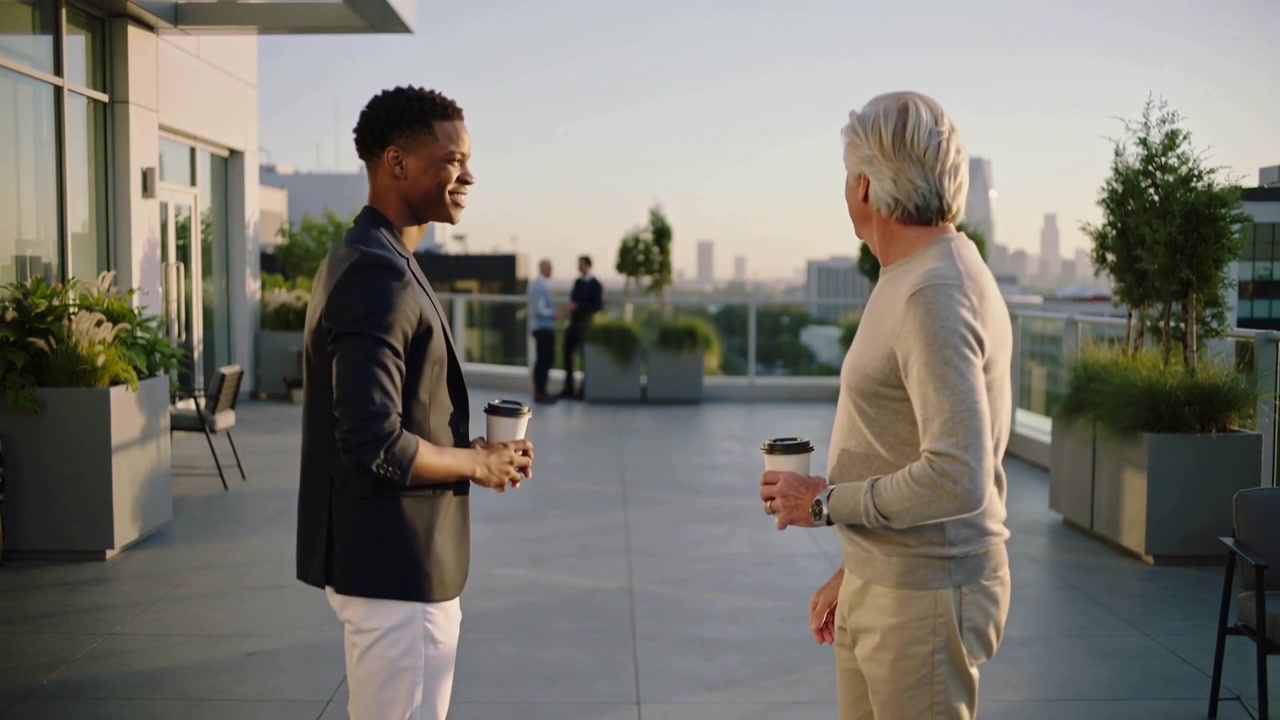 Shaking hands two men in smart attire discussing work on rooftop with coffee cups watching others