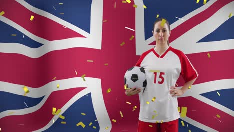 Animation-of-caucasian-female-soccer-player-over-flag-of-uk