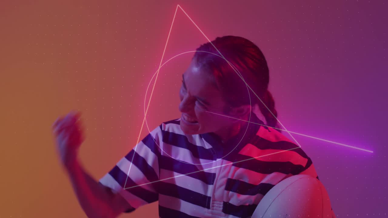 animación de un patrón de neón sobre una jugadora de rugby en un fondo de neón