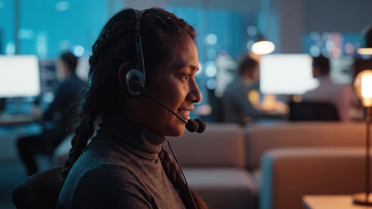 Professionista del supporto clienti concentrato in un ufficio moderno, impegnato nell'assistenza con una cuffia, a dimostrazione di dedizione e professionalità nella comunicazione.