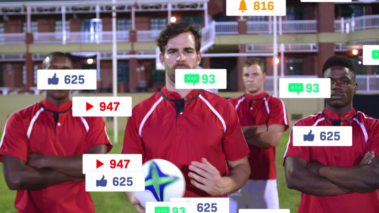 Rugby players on field with social media notifications animation appearing