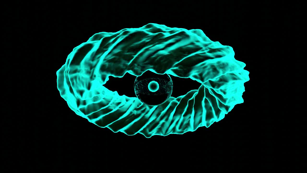 Abstract dark core surrounded by rotating 3D water spiral isolated on a black background. Design. Transforming and rippling liquid substance spinning around the central point, seamless loop