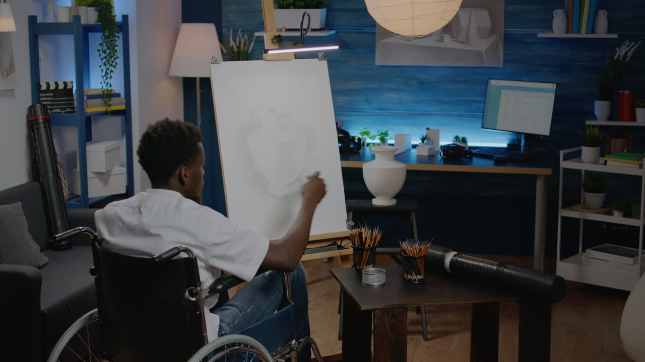 Disabled african american man working on drawing of vase
