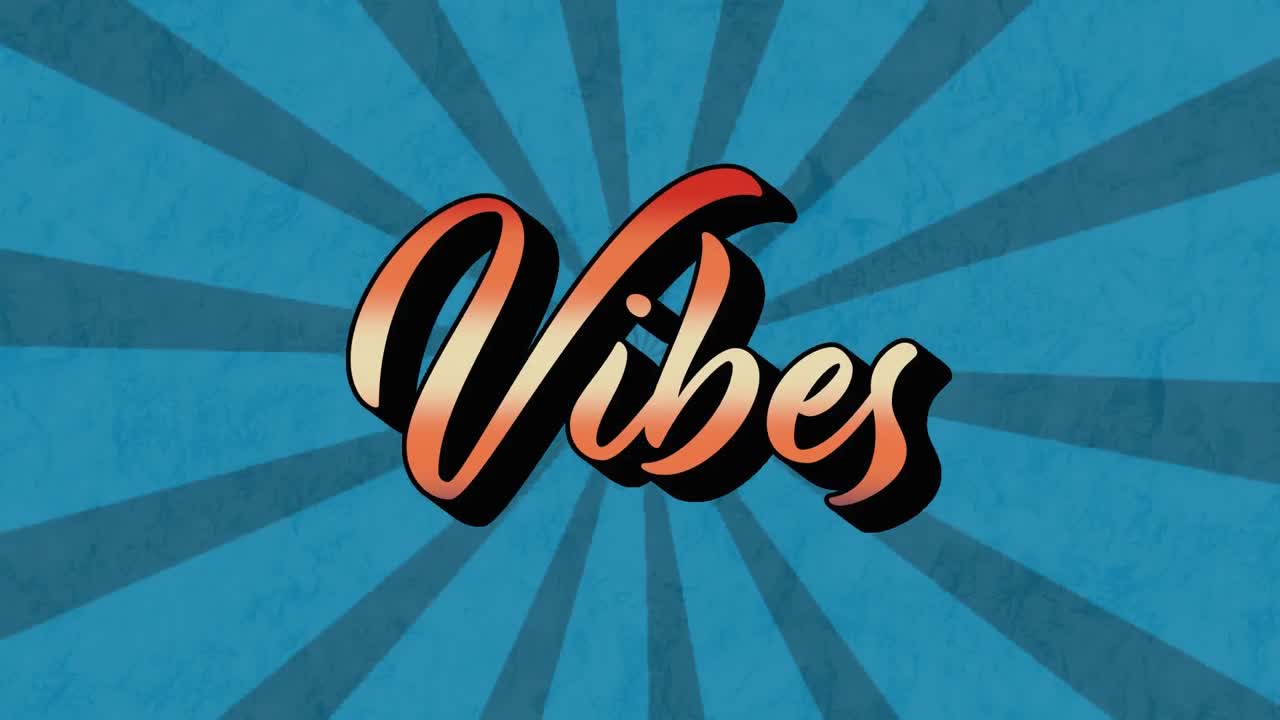 파란색 줄무늬가 회전하는 배경 위에서 그라데이션 주황색 'vibes' 텍스트 애니메이션