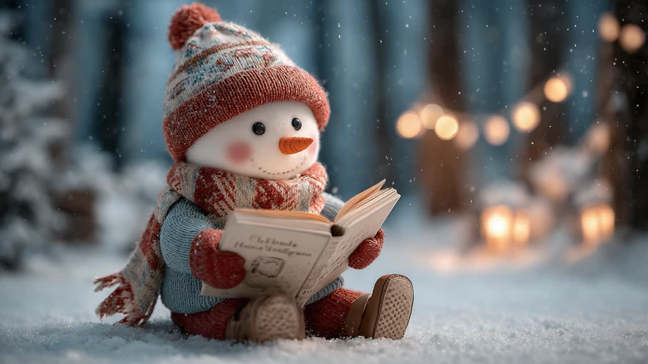 Charming Snowman Enjoying a Story in the Winter Wonderland, Radiating Joy and Warmth Amidst a Magical Snowy Forest Scene Filled with Warm Lights