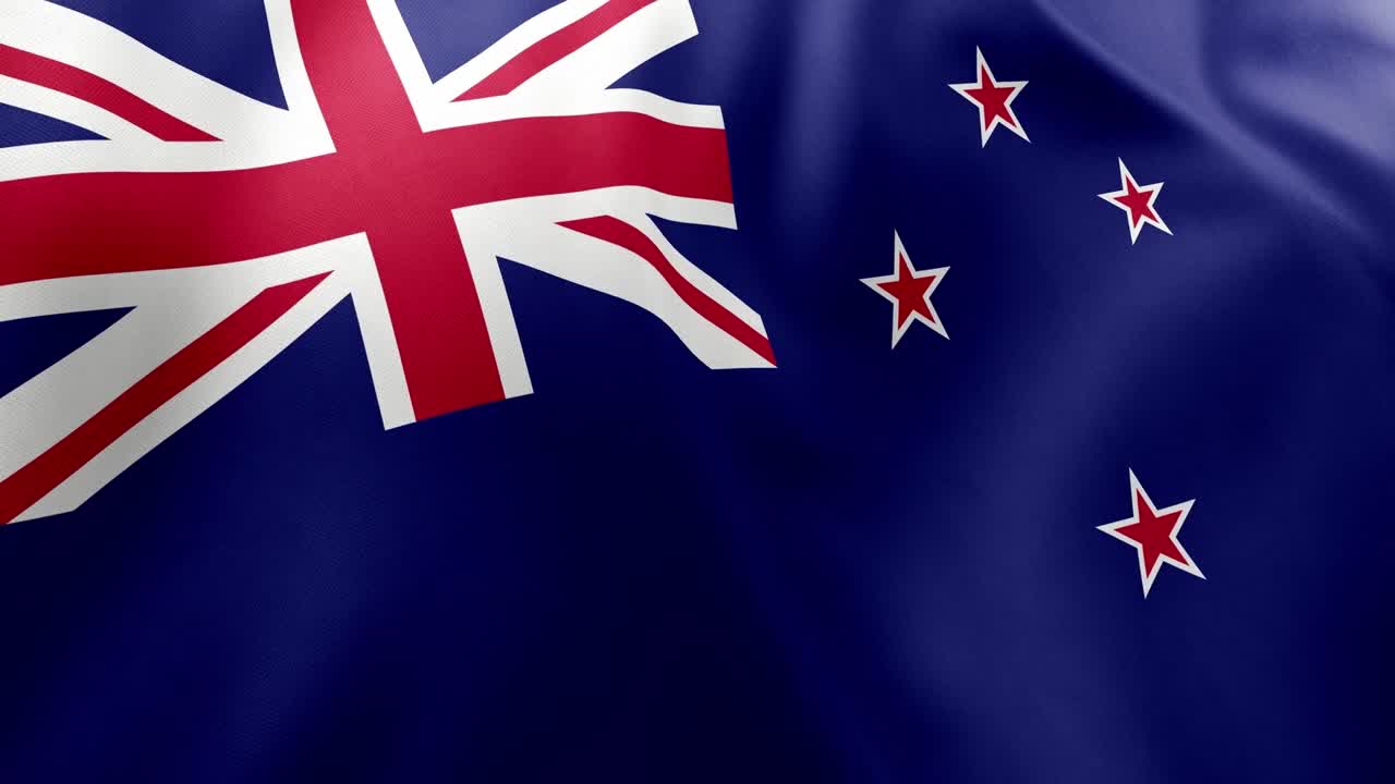 Realistic waving flag of New Zealand, blue ensign, Union Jack, Southern Cross stars. Oceanian nation symbol, Wellington, patriotism, New Zealand