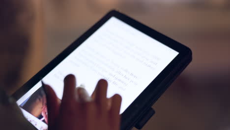 woman, tablet and digital in closeup for reading