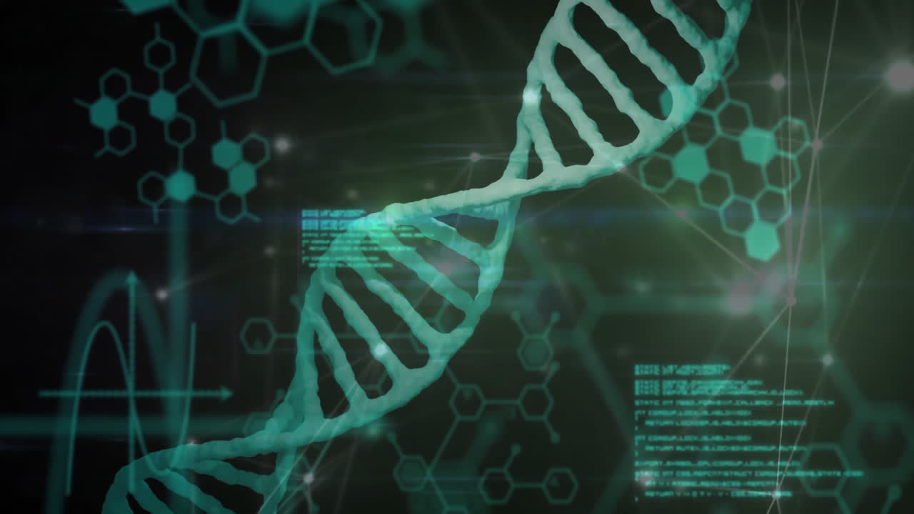 Animation of network of connections with data processing over dna strand on black background