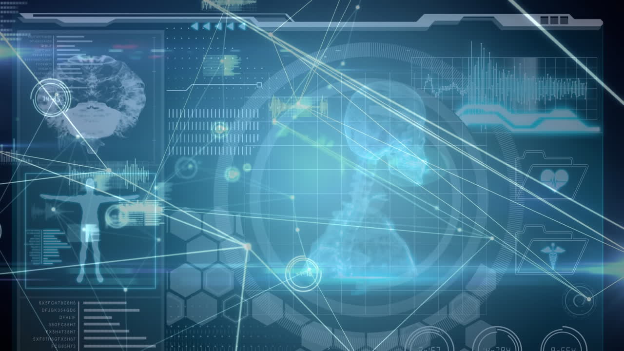 animación de redes de conexiones y procesamiento de datos médicos sobre fondo negro