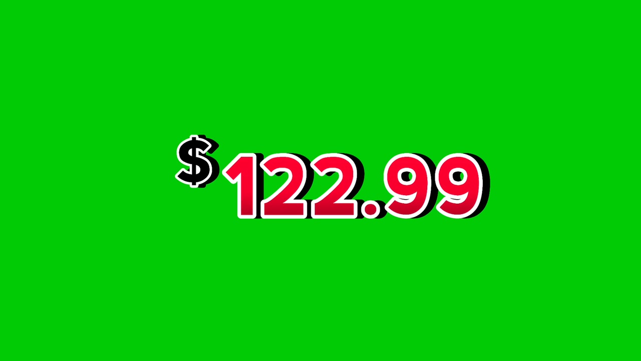 Animation red $122.99 dollars price tag motion graphics with smoke effects on green screen background. Perfect for ads, e-commerce, retail, discounts, and promo videos business concept video element