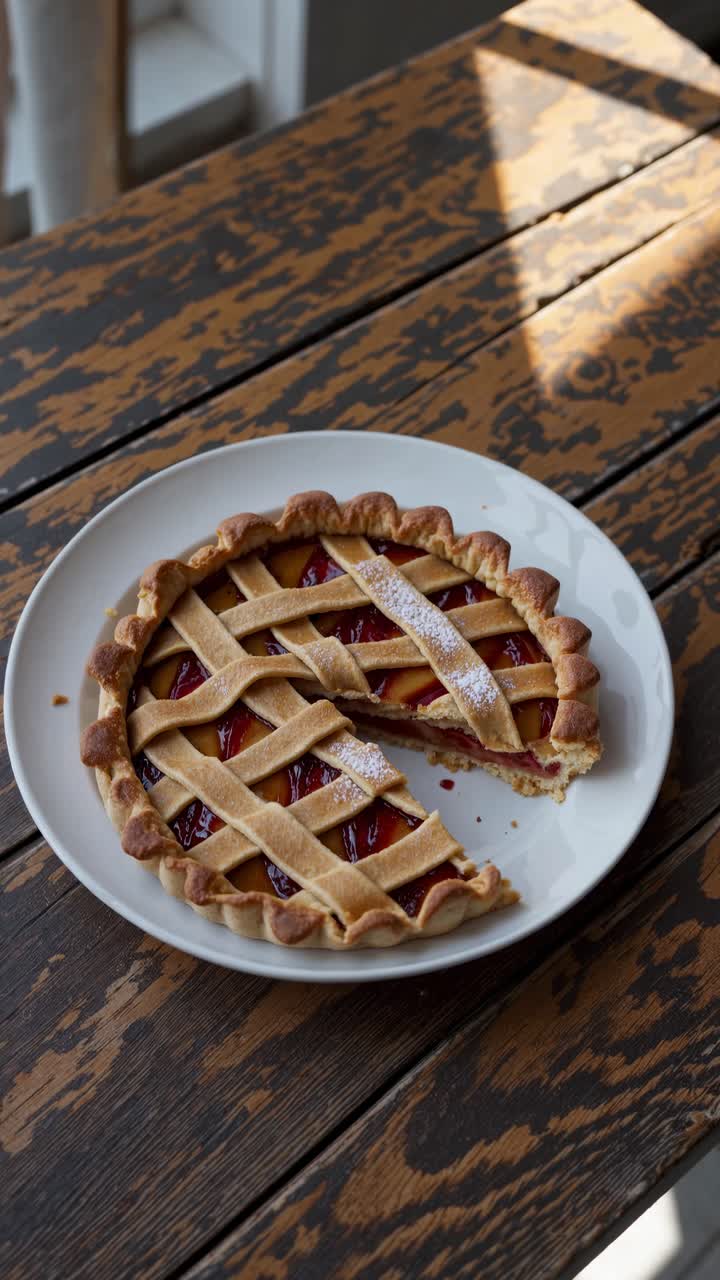 Overhead shot of a lattice-topped pie on a rustic wooden table, capturing a cozy, homemade vibe