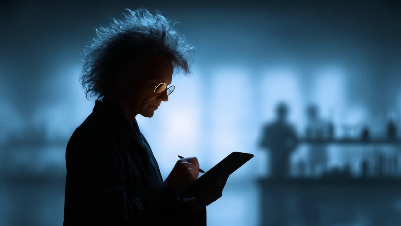 A mysterious figure with wild hair and glasses pens notes in a dimly lit laboratory, surrounded by shadowy silhouettes of scientific equipment and experiments